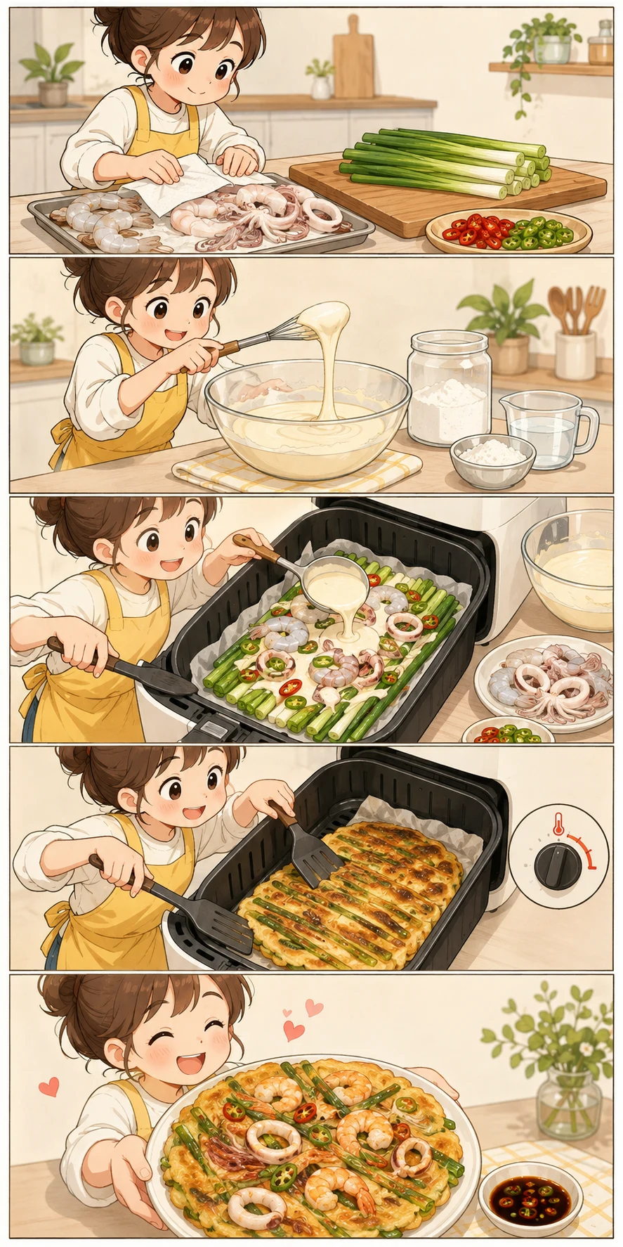 Dry the seafood. Five-panel cute cooking webtoon showing how to prepare, assemble, flip, and serve air-fryer haemul pajeon