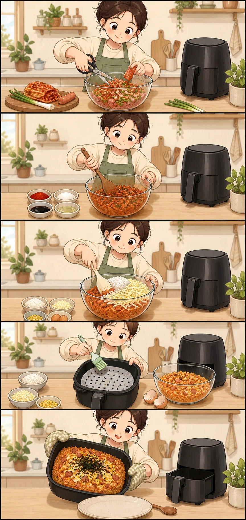 Snip the mix-ins. Five-panel cute cooking webtoon showing how to make air-fryer nurungji kimchi fried rice from chopping the ingredients to adding gim
