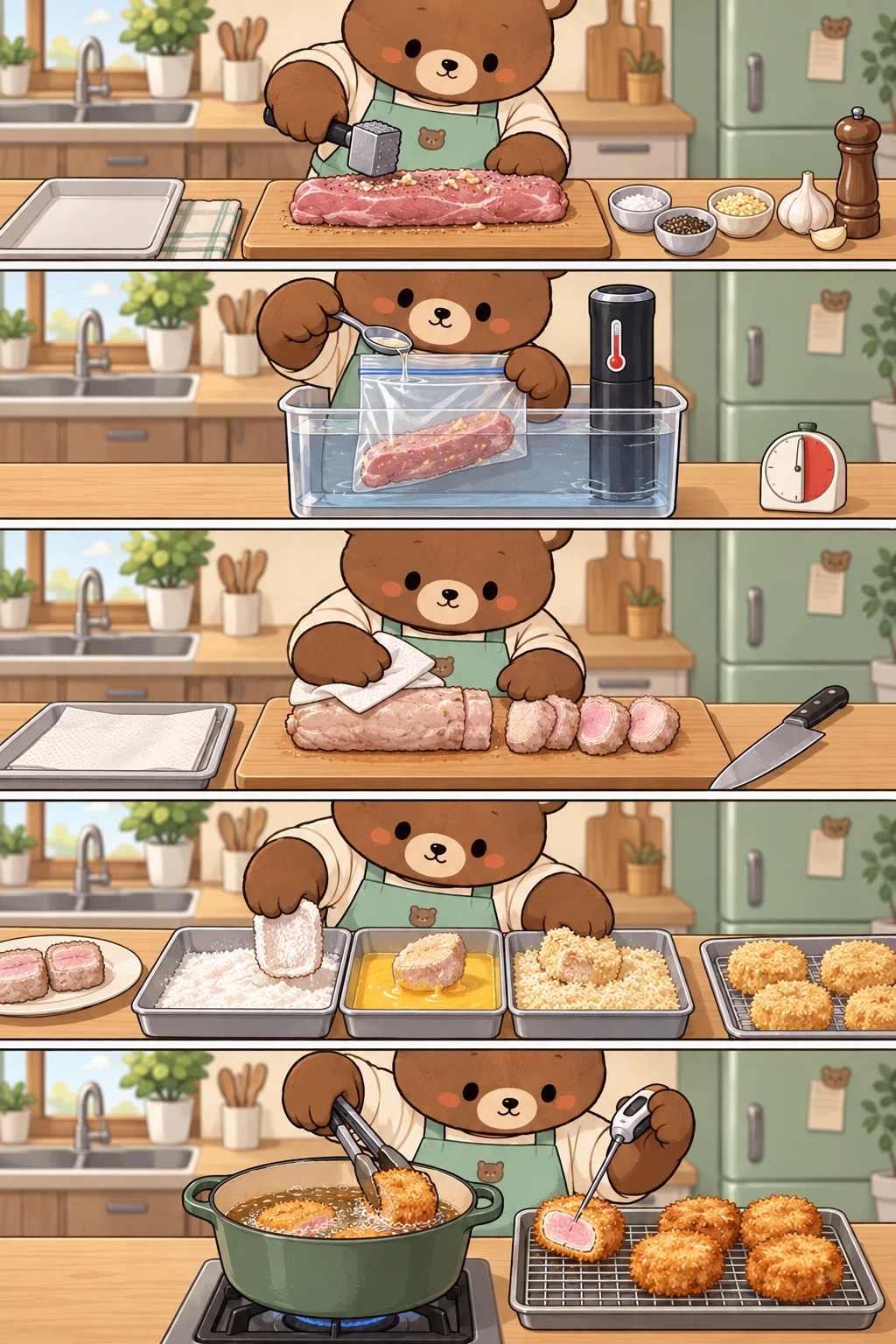 Season the whole tenderloin. Five-panel cute bear cooking webtoon showing how to tenderize and season pork tenderloin, seal it with sake for a 63°C sous-vide bath, dry and slice it, coat it in flour egg and fresh panko, then fry and check the finished katsu