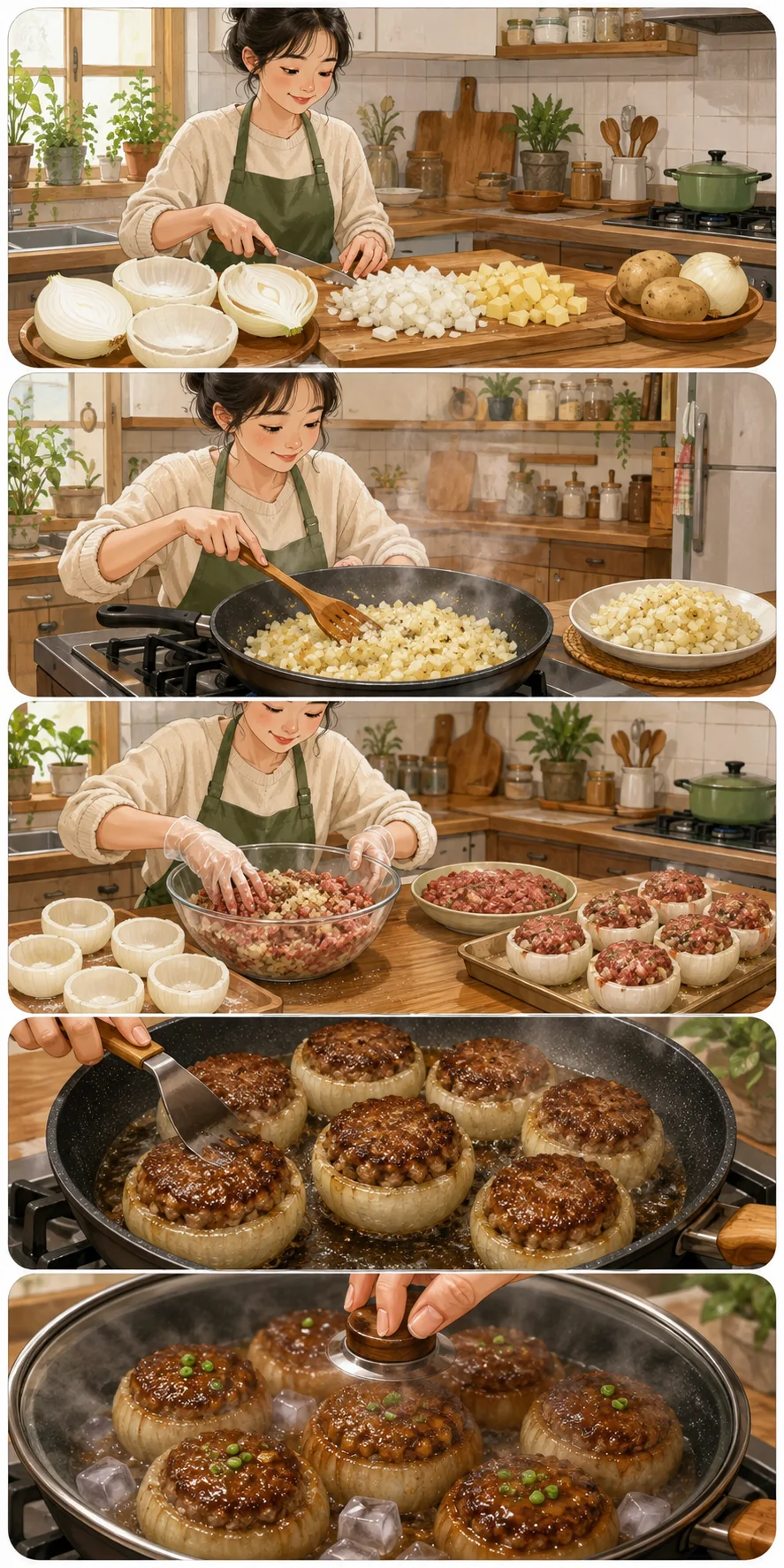 Shape the onion cups. Cute sequential cooking webtoon for Bulgogi Stuffed Onion Cups (불고기쌈구이)