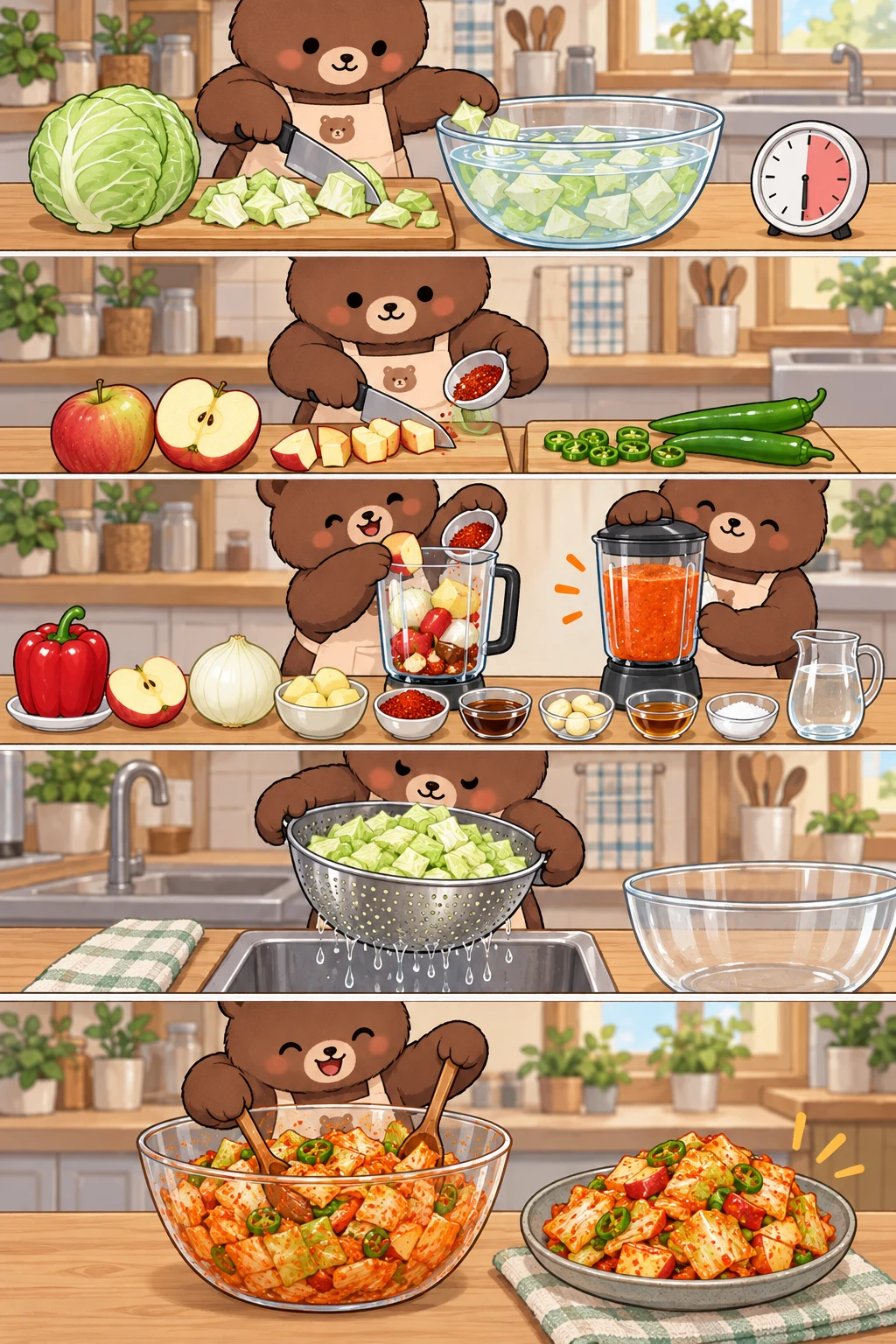 Cut and brine the cabbage. Five-panel cute bear cooking webtoon showing how to cut and brine green cabbage, prepare apple and mild green chile, blend the red seasoning, drain the cabbage, and toss fresh cabbage kimchi