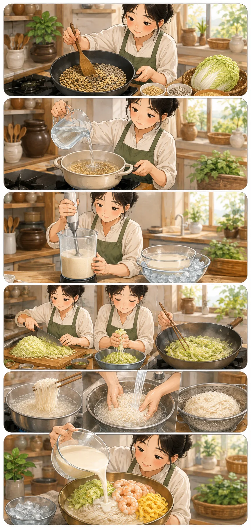 Toast the nuts. Cute sequential cooking webtoon for Cabbage Pine Nut Noodles (양배추잣국수)
