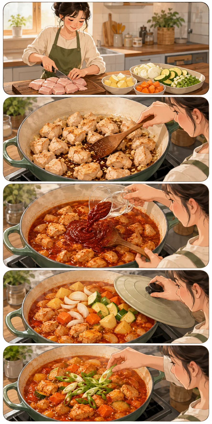 Cut evenly. Cute sequential cooking webtoon for Chicken Breast Dakbokkeumtang (닭가슴살볶음탕)