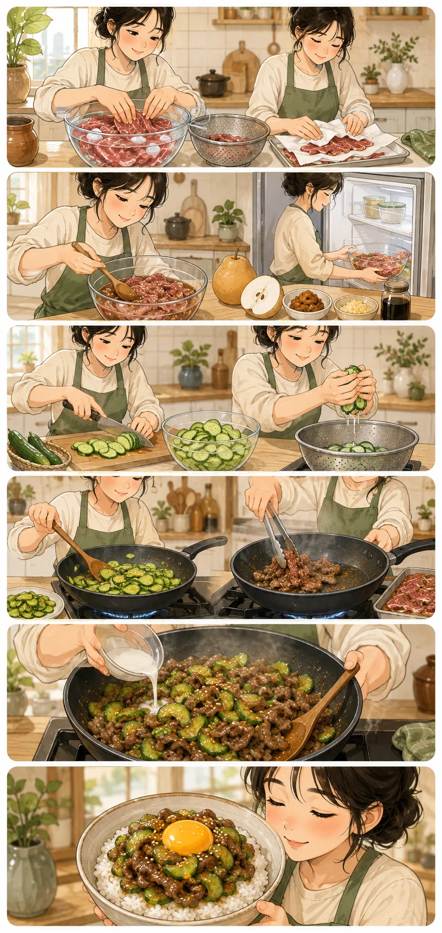Brine the beef. Cute sequential cooking webtoon for Cucumber Bulgogi Rice Bowl (오이불고기덮밥)