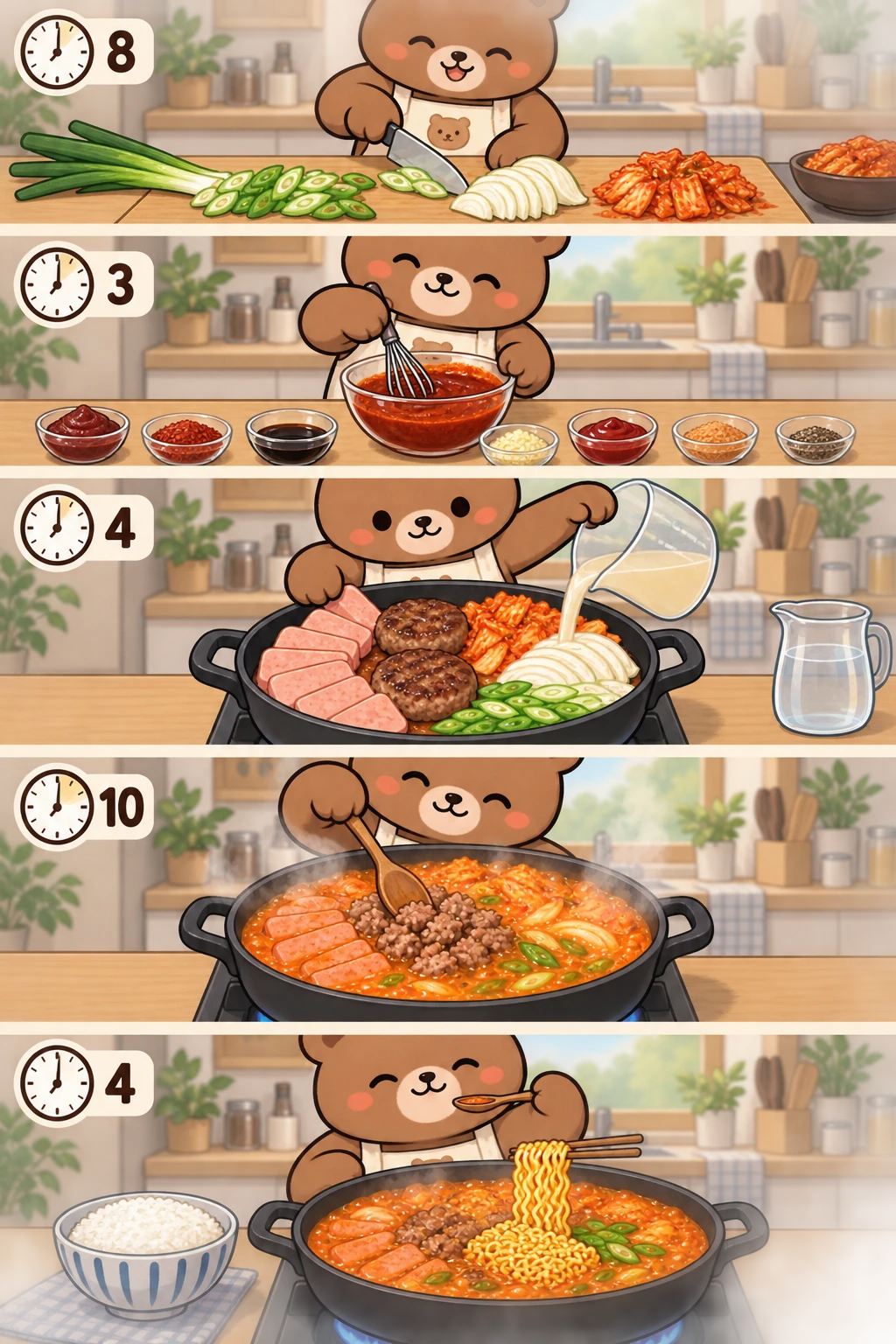 Slice the vegetables. Five-panel cute bear cooking webtoon showing how to prepare vegetables, mix the seasoning, arrange the stew, crumble the hamburger steaks while simmering, and finish with ramen