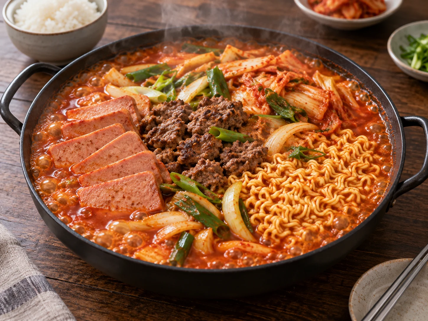 Bubbling Korean hambak budae-jjigae with sliced luncheon meat, crumbled hamburger steak, sour kimchi, green onion, onion, and ramen noodles