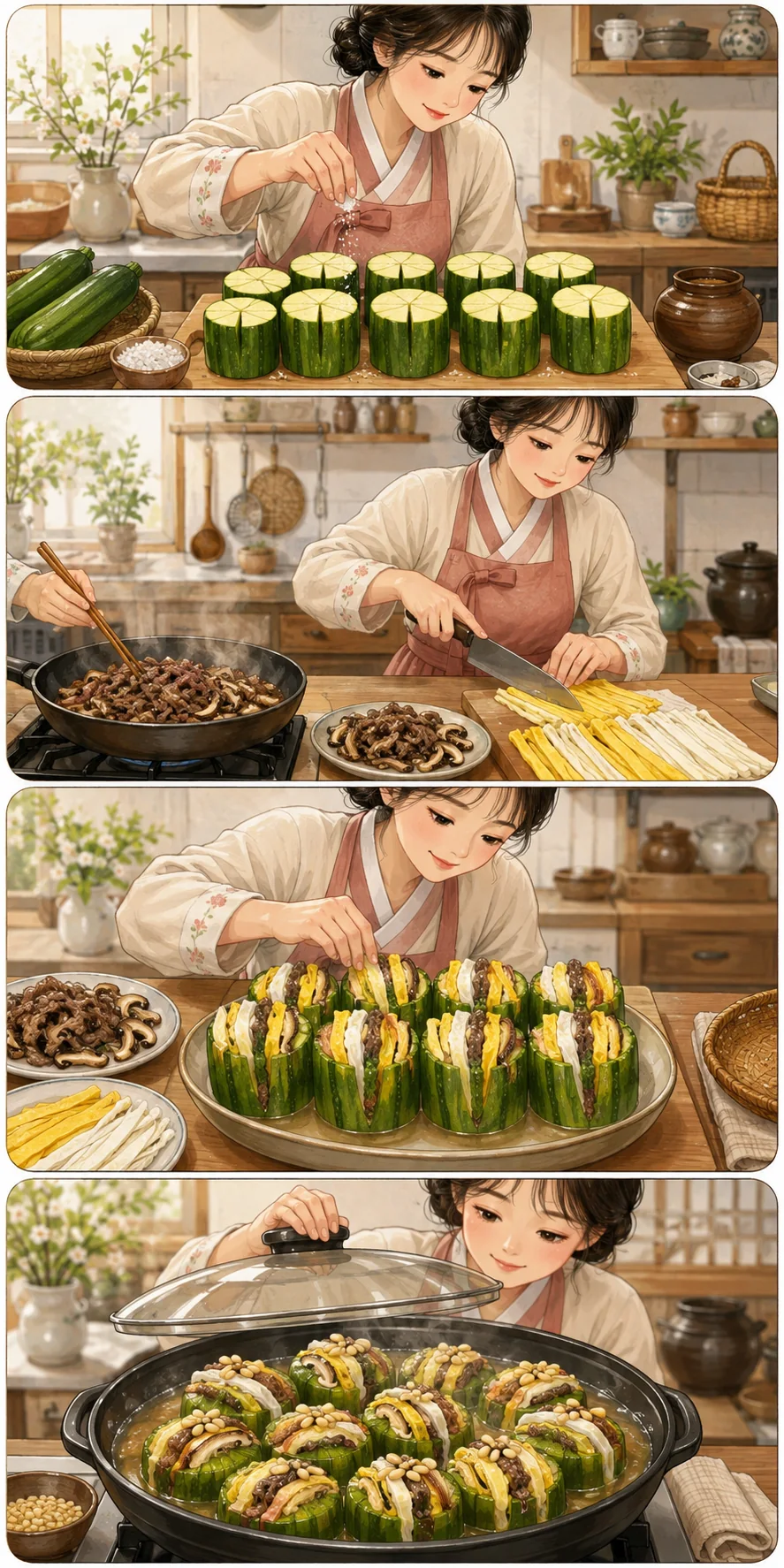 Cut the zucchini. Cute sequential cooking webtoon for Hobak-seon (애호박선): Korean Stuffed Zucchini