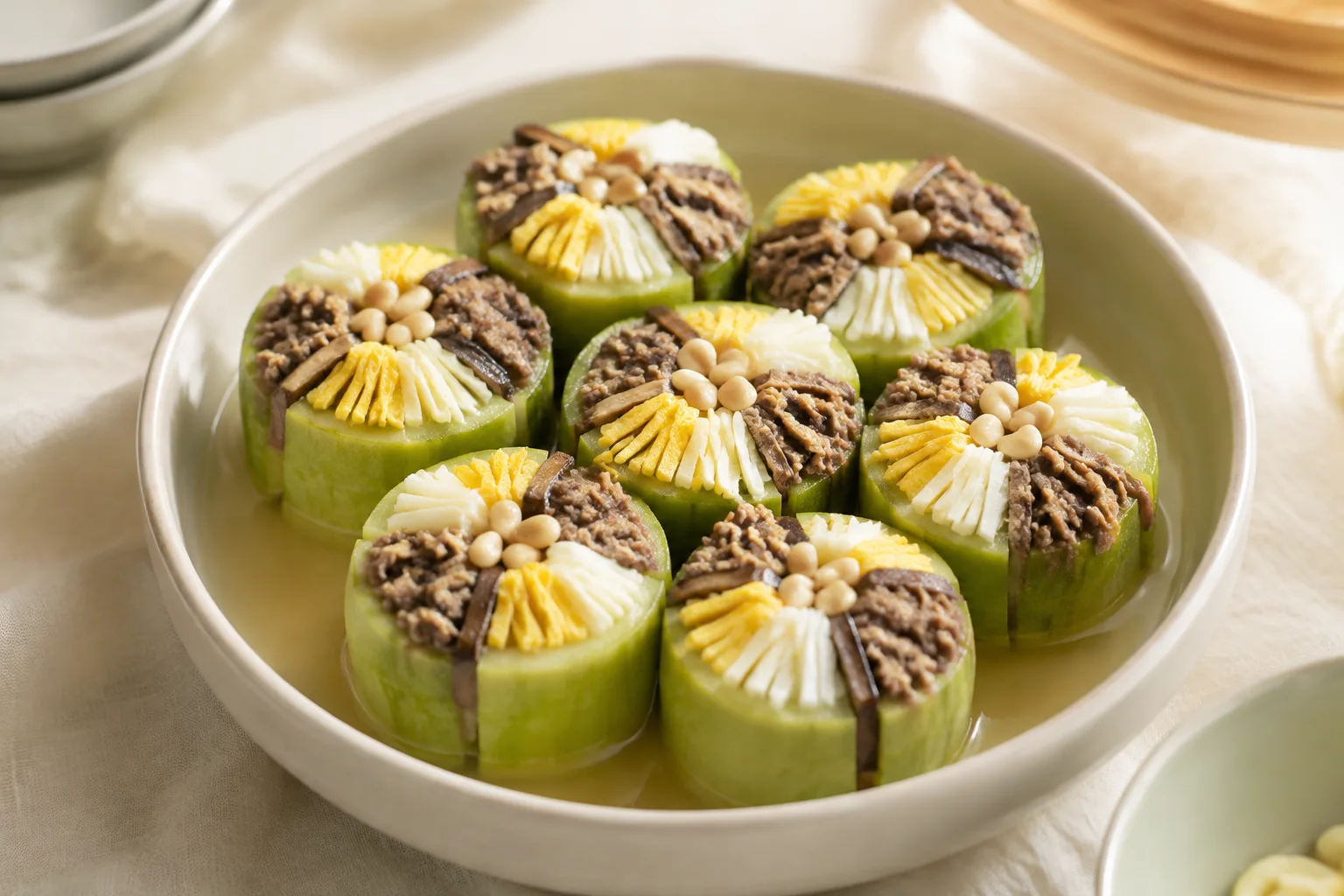 Korean hobak-seon zucchini rounds stuffed with beef, shiitake, egg garnish, and pine nuts