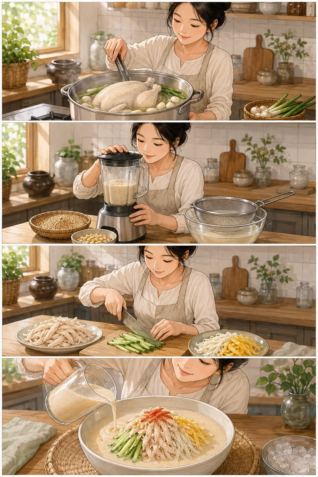 Poach the chicken. Cute sequential cooking webtoon for Imjasutang (임자수탕): Korean Chilled Sesame Chicken Soup