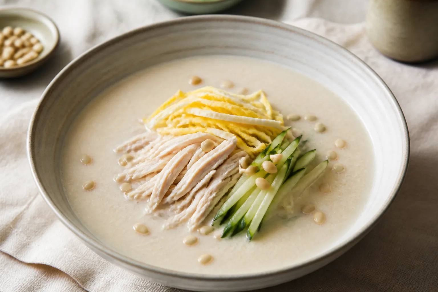 Korean imjasutang chilled sesame soup with shredded chicken, cucumber, egg ribbons, and pine nuts