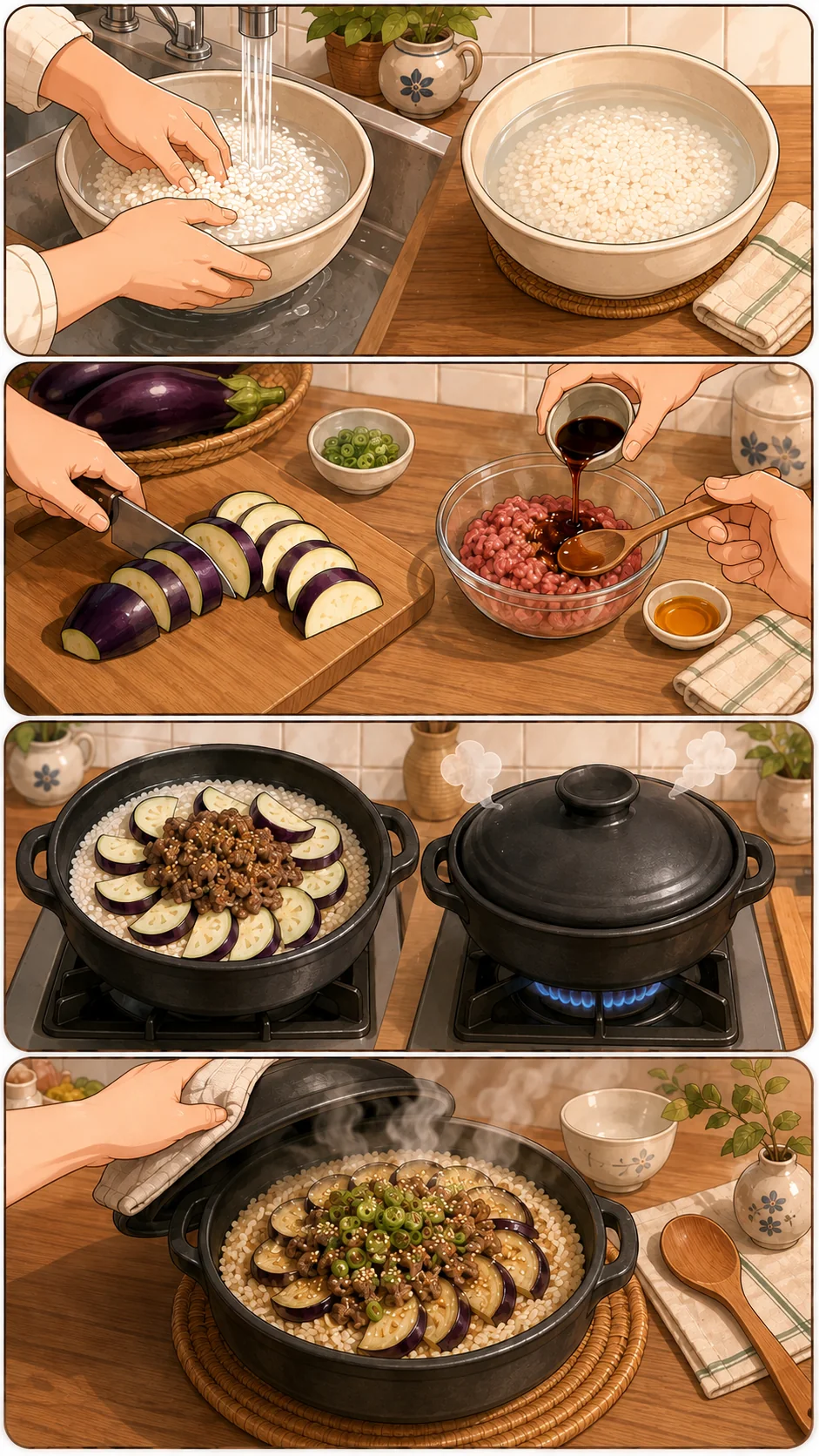 Rinse & soak. Four-panel cute cooking webtoon showing how to make Korean eggplant pot rice from soaking the rice to serving the finished sotbap