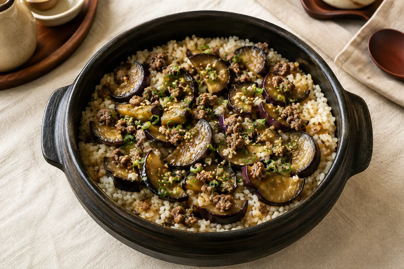 Korean eggplant pot rice with seasoned beef, scallions, and sesame seeds in a black earthenware pot