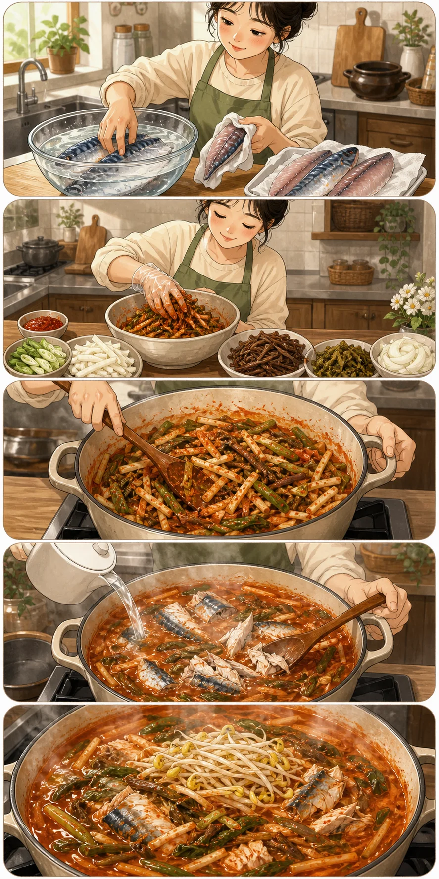 Check the fish. Cute sequential cooking webtoon for Mackerel Yukgaejang (고등어육개장): Spicy Korean Fish Soup