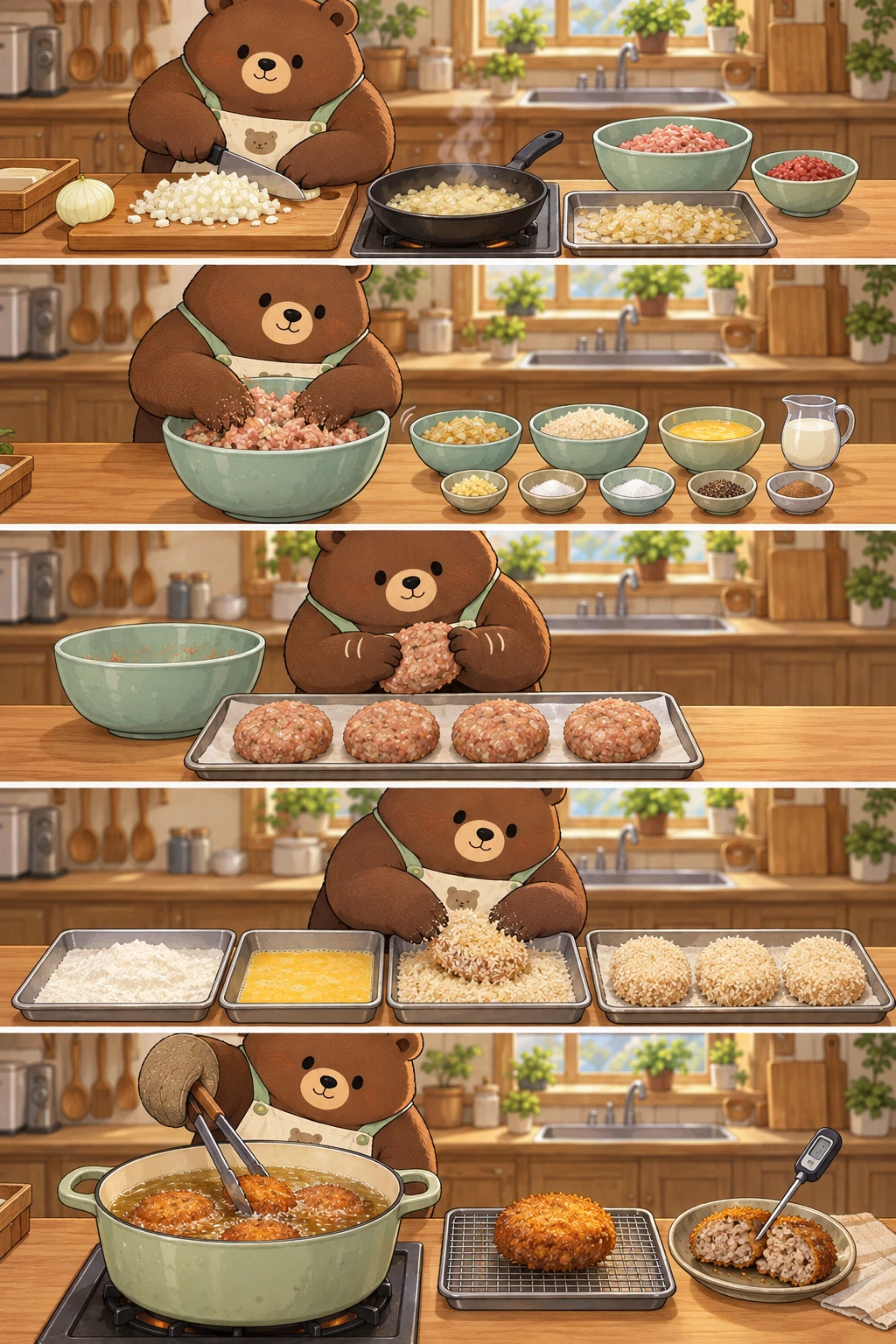 Sauté and cool. Five-panel cute bear cooking webtoon showing how to sauté and cool onion, mix the chilled beef and pork, shape oval patties, bread them in flour egg and fresh panko, and fry then rest the menchi katsu