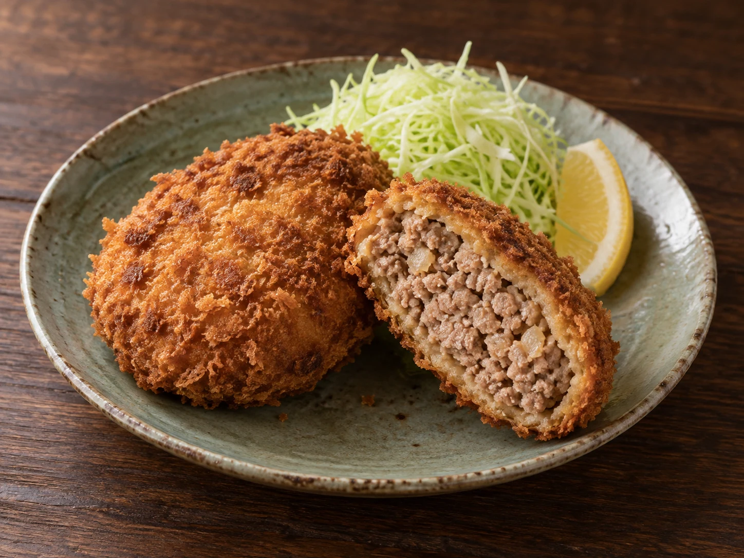 Golden menchi katsu ground beef and pork cutlets, with one cut open to show the fully cooked onion-flecked center