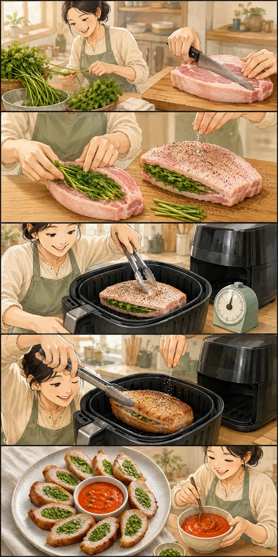 Cut the pocket. Five-panel cute cooking webtoon showing how to stuff, season, air-fry, flip, slice, and serve minari pork jowl steak