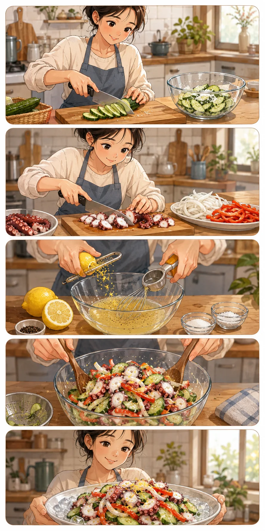 Salt the cucumber. Cute sequential cooking webtoon for Muneo Chohoe (문어초회): Korean Vinegared Octopus Salad