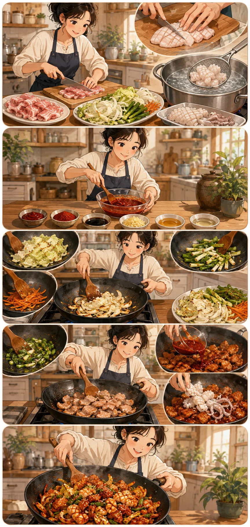 Prep everything first. Cute sequential cooking webtoon for Ojingeo Jeyuk Bokkeum (오징어제육볶음): Spicy Squid and Pork