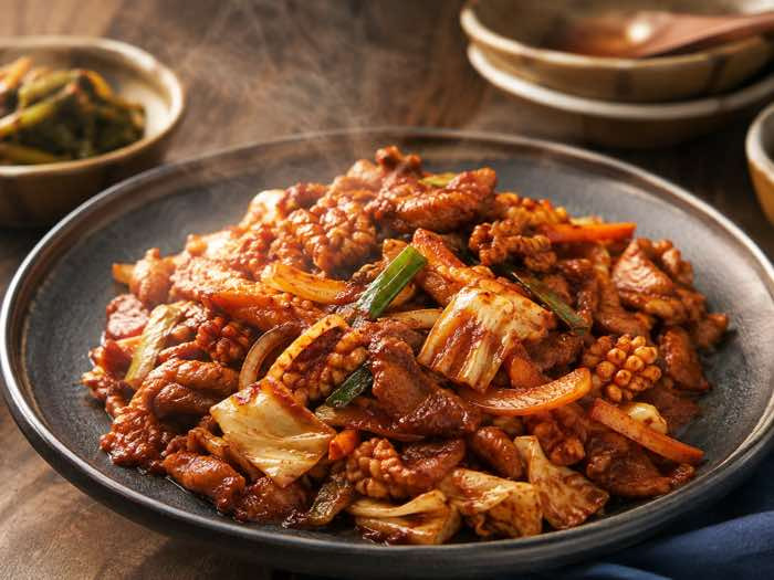 Spicy Korean squid and pork stir-fry with cabbage, onion, scallion, and red gochujang glaze