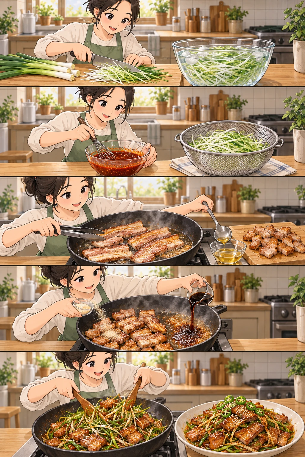Shred and soak. Five-panel cute cooking webtoon showing how to julienne and soak green onions, mix the seasoning, sear pork belly, caramelize it with sugar and soy sauce, and toss everything together