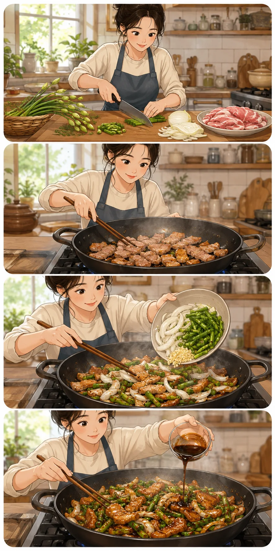 Prep. Cute sequential cooking webtoon for Maneuljjong Bokkeum (마늘종 볶음): Korean Pork and Garlic Scape Stir-Fry