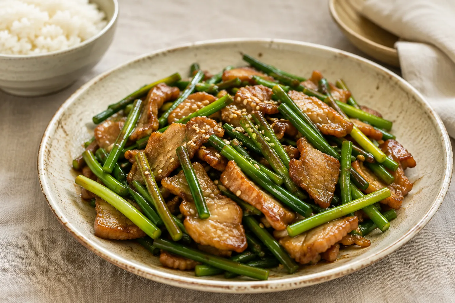 Korean pork and green garlic scape stir-fry in a handmade ceramic bowl