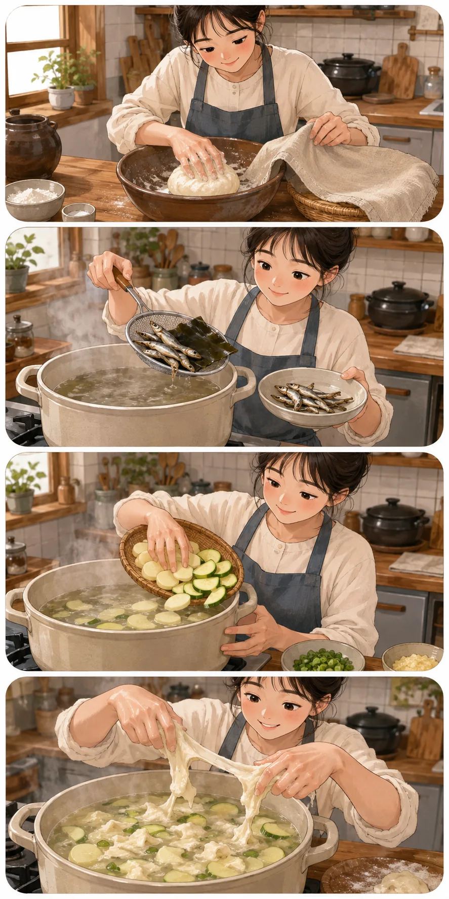 Make the dough. Cute sequential cooking webtoon for Gamja Sujebi (감자 수제비): Korean Potato Hand-Torn Noodle Soup
