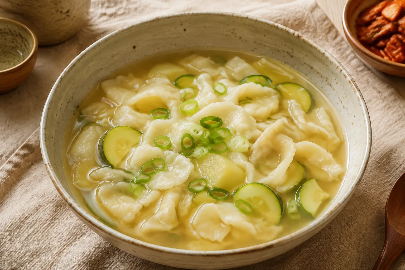 Korean potato sujebi soup with hand-torn noodles, zucchini, and scallions in clear broth