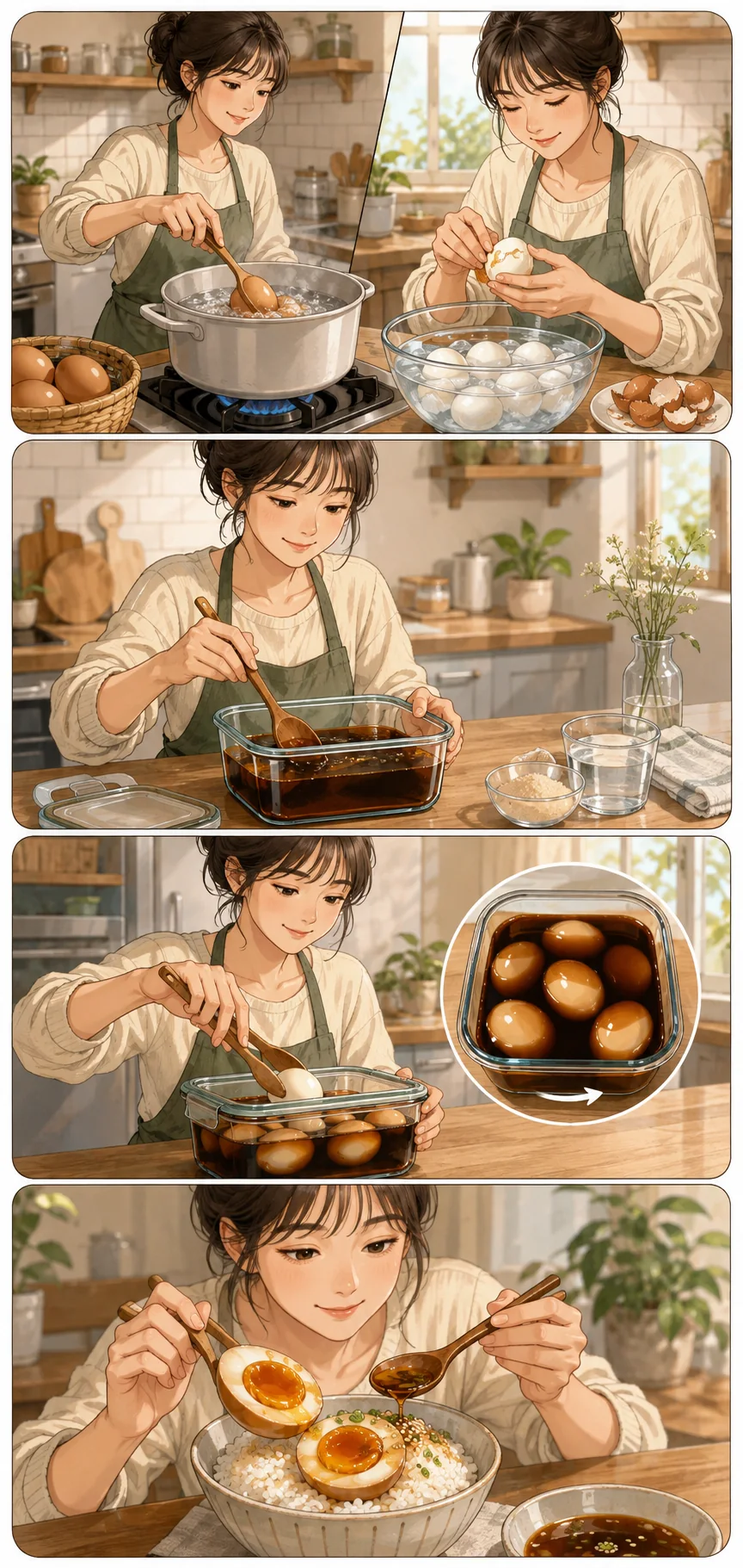 Prepare the eggs. Cute sequential cooking webtoon for Gyeran Jangjorim (계란장조림): Quick Soy-Marinated Eggs