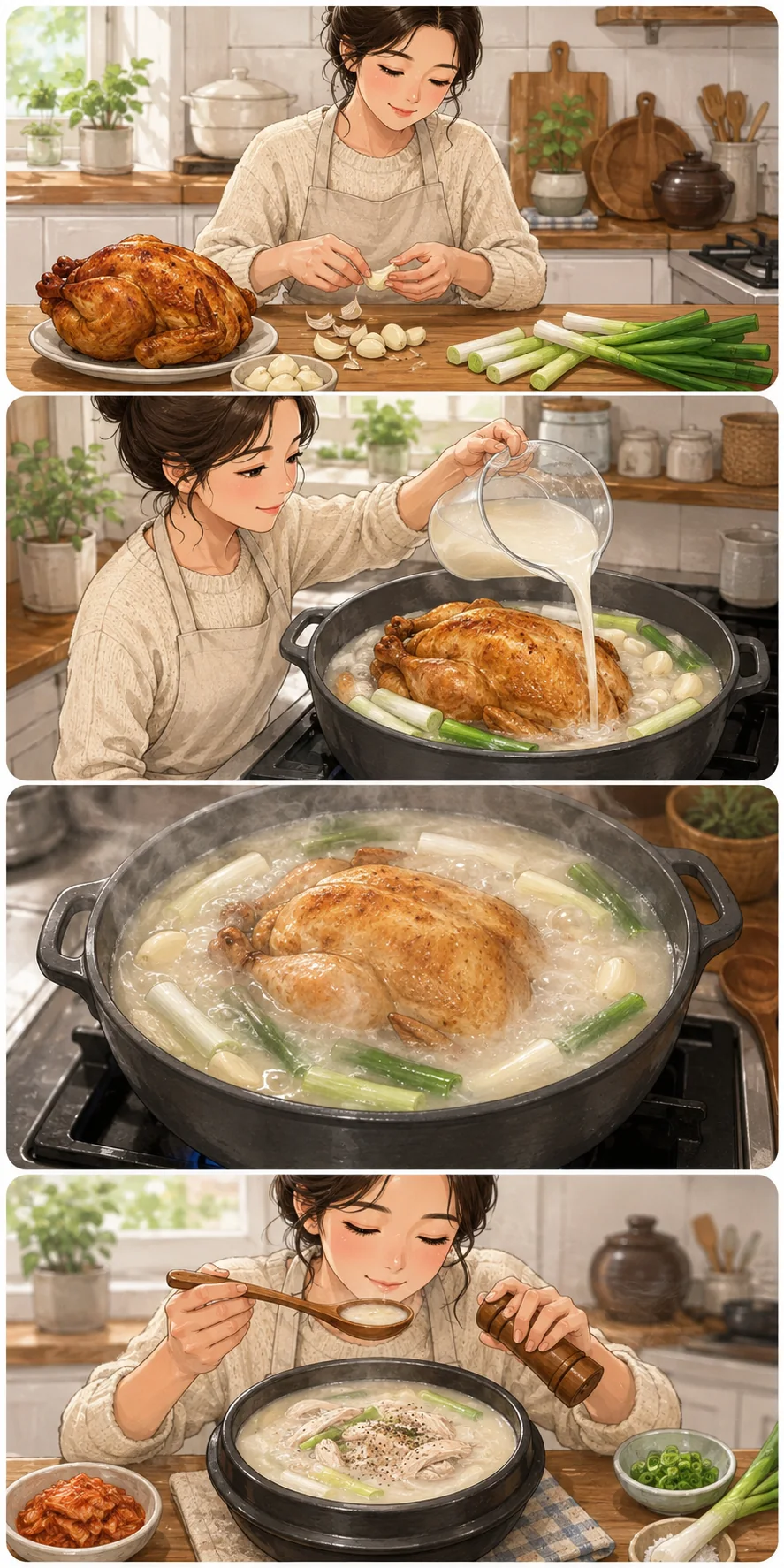 Prep the aromatics. Cute sequential cooking webtoon for Dak Baeksuk (닭백숙): Easy Rotisserie Chicken Soup