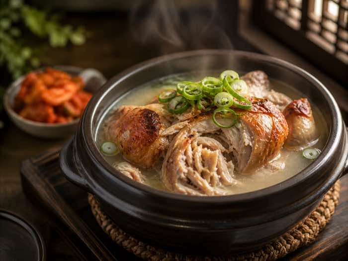 Korean-style rotisserie chicken baeksuk soup with whole garlic cloves and scallion in milky broth