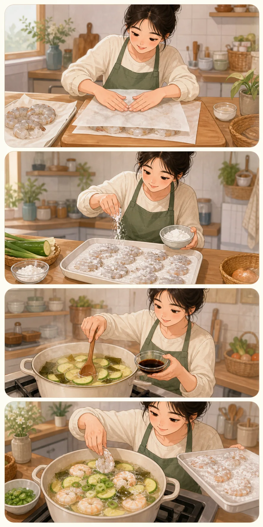 Flatten the shrimp. Cute sequential cooking webtoon for Saeu Sujebi (새우 수제비): Gluten-Free Korean Shrimp Soup