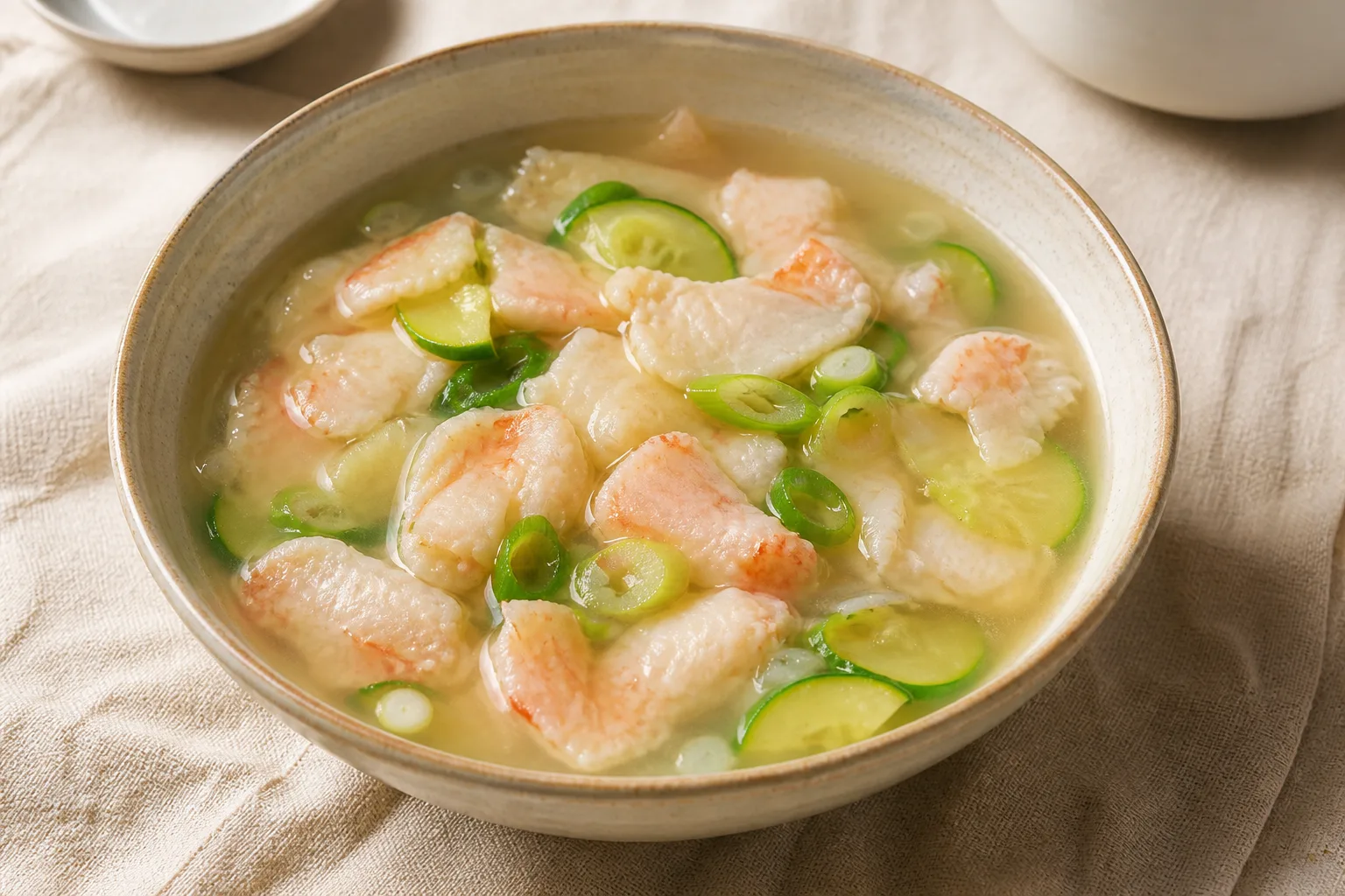 Gluten-free Korean shrimp sujebi with flattened shrimp pieces, zucchini, and scallions in clear broth