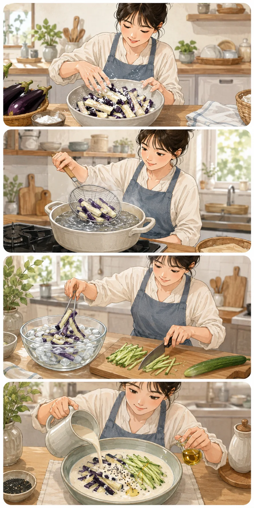 Coat the eggplant. Cute sequential cooking webtoon for Kongmul Gaji Naengguk (콩물가지냉국): Chilled Soy Milk Eggplant Soup