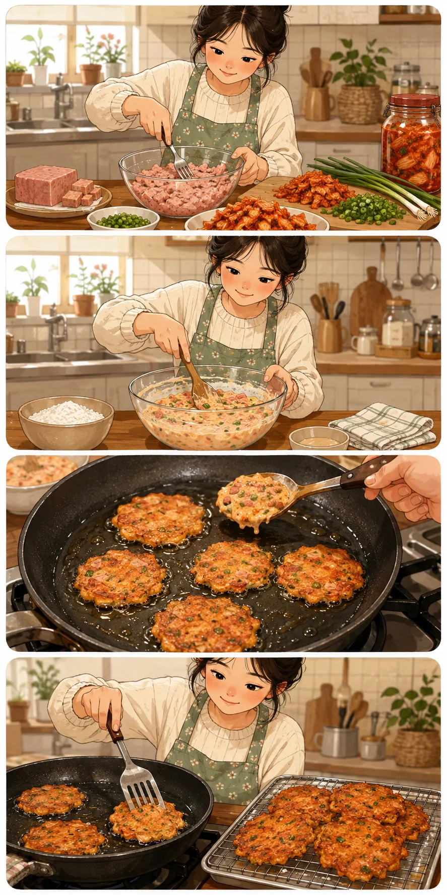 Prepare the filling. Cute sequential cooking webtoon for Spam Kimchi Jeon (스팸김치전): Crispy Kimchi Pancakes