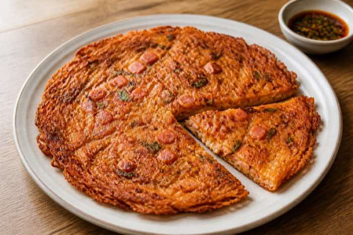 Crispy Korean kimchi pancakes with luncheon meat, scallion, and browned lacy edges