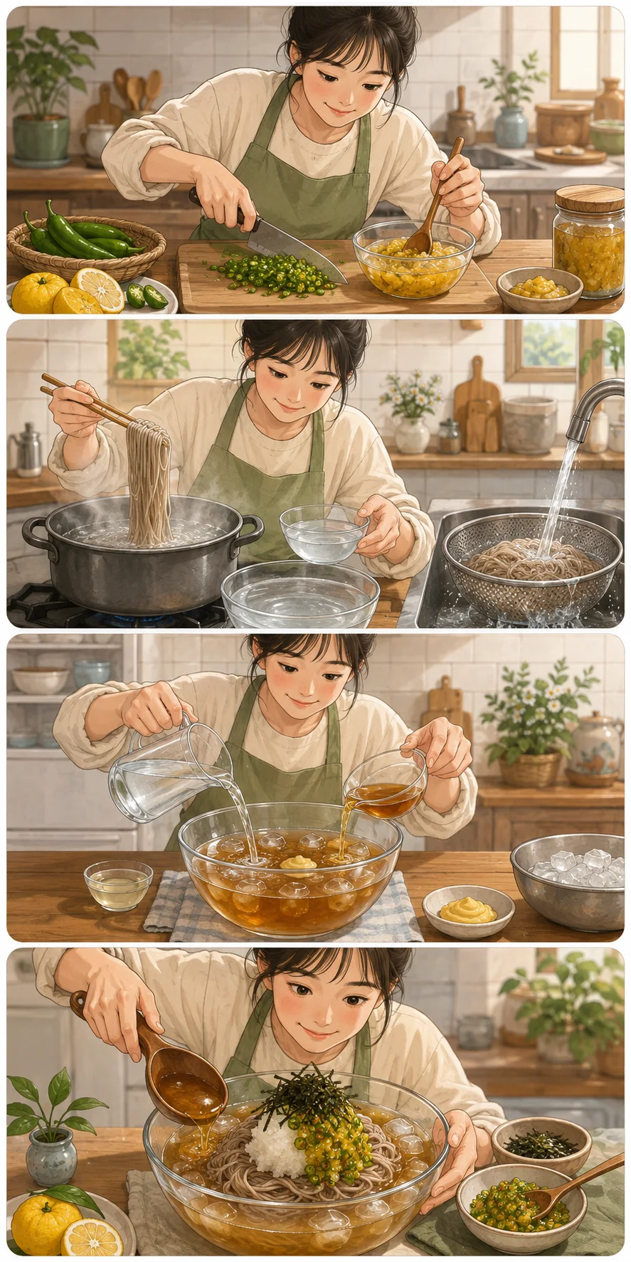 Make the chile-yuja relish. Cute sequential cooking webtoon for Memil Guksu (메밀국수): Spicy Cold Buckwheat Noodles