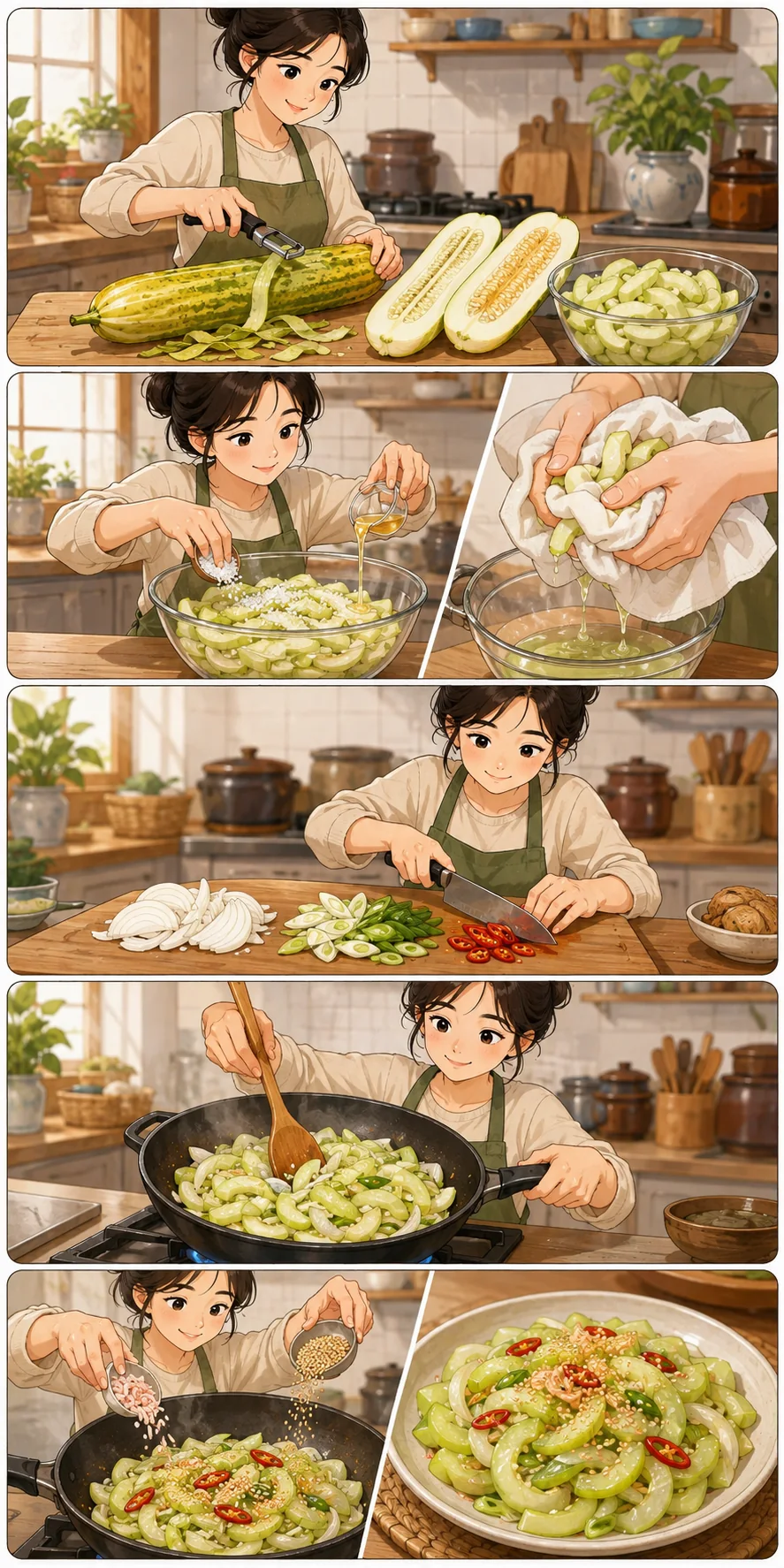 Seed and slice. Cute sequential cooking webtoon for Nogak Bokkeum (노각볶음): Stir-Fried Mature Cucumber