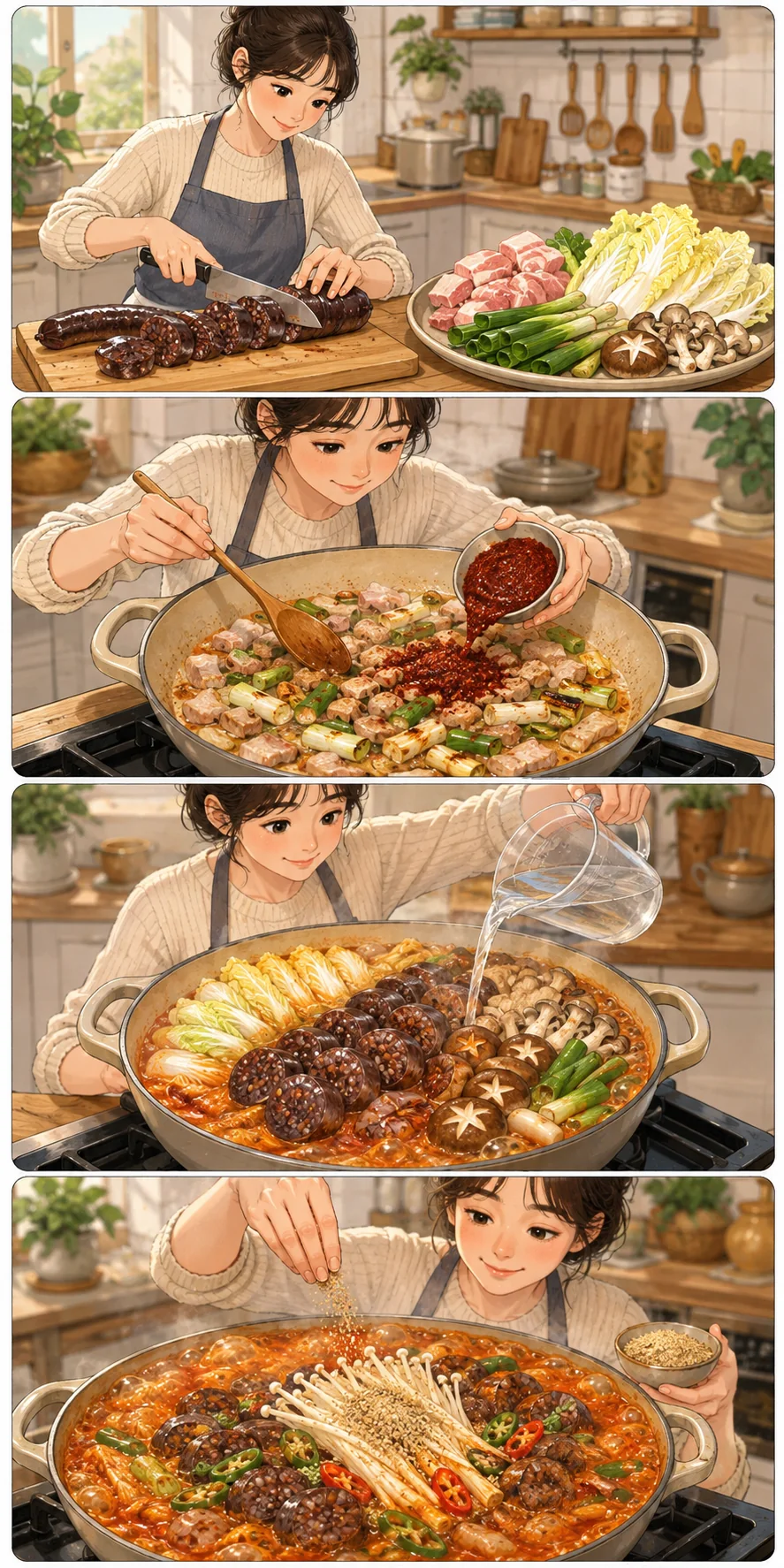 Prep the pot. Cute sequential cooking webtoon for Sundae Jeongol (순대전골): Spicy Korean Sausage Hot Pot