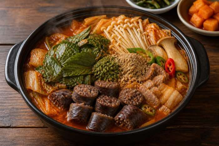 Spicy Korean sundae sausage hot pot with pork, napa cabbage, mushrooms, perilla powder, and red chile broth