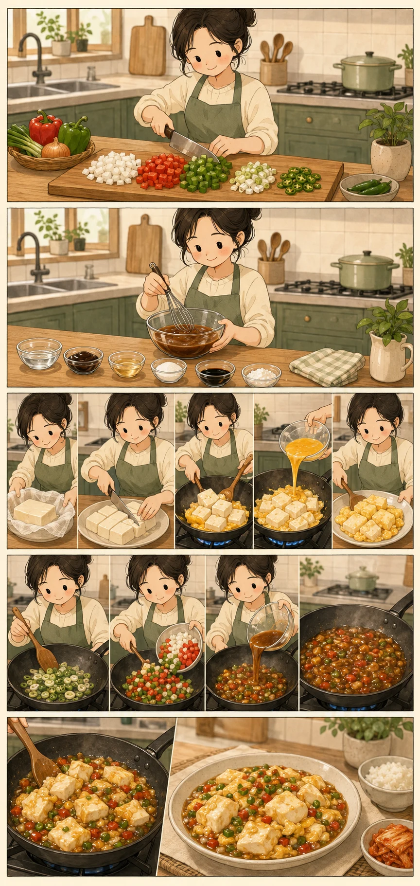 Drain and prep. Cute sequential cooking webtoon for Sundubu Egg Stir-Fry (순두부달걀볶음): Soft Tofu & Eggs