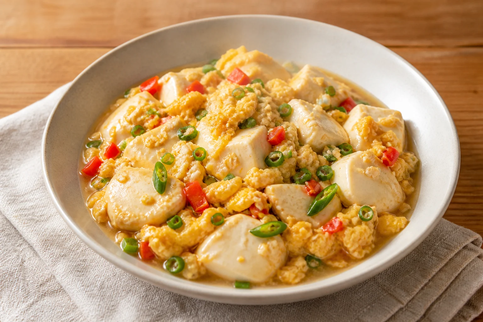 Korean sundubu egg stir-fry with soft tofu, fluffy eggs, peppers, scallions, and green chile