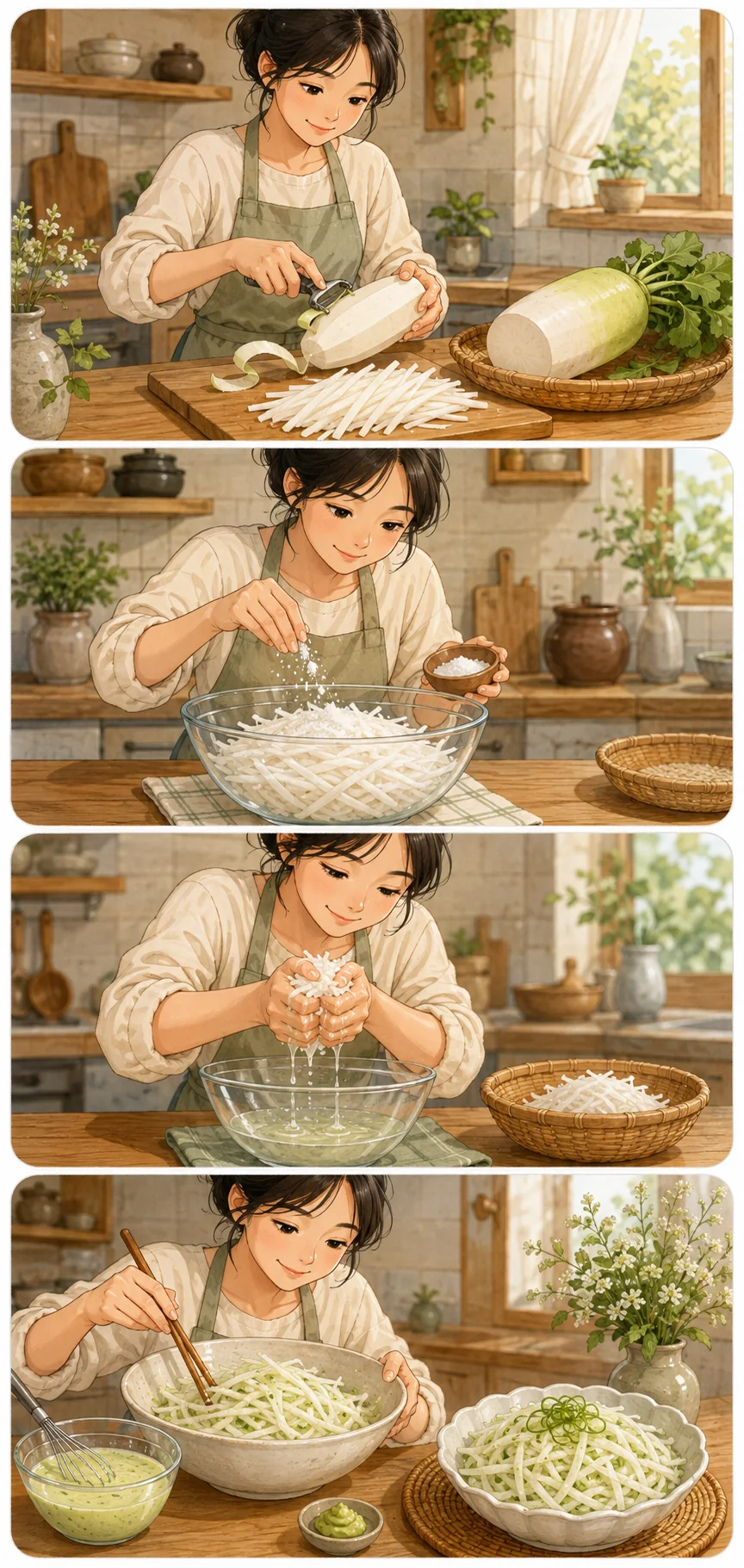 Julienne the radish. Cute sequential cooking webtoon for Musaengchae (무생채): Korean Radish Salad with Wasabi