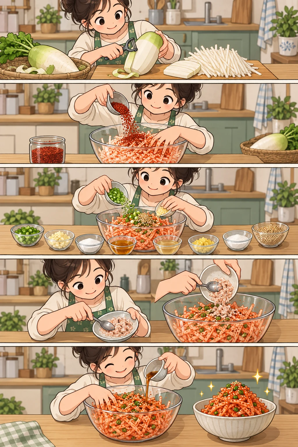 Cut with the grain. Five-panel cute cooking webtoon showing how to cut and season Yunjumo musaengchae from whole Korean radish to finished salad