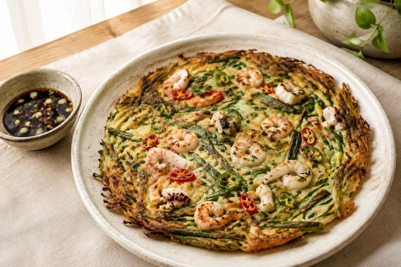 Golden Korean seafood scallion pancake with shrimp, squid, red chile, and green chile beside soy-vinegar dipping sauce
