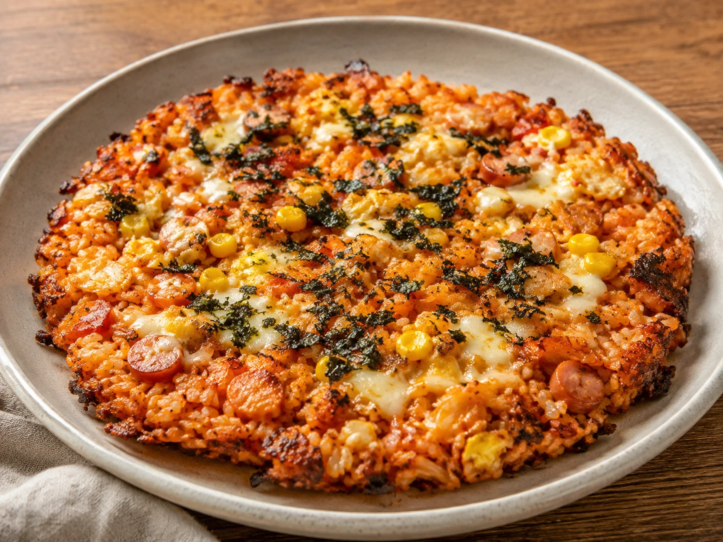 Air-fryer nurungji kimchi fried rice with crisp golden edges, sausage, corn, cooked egg, melted mozzarella, and gim flakes