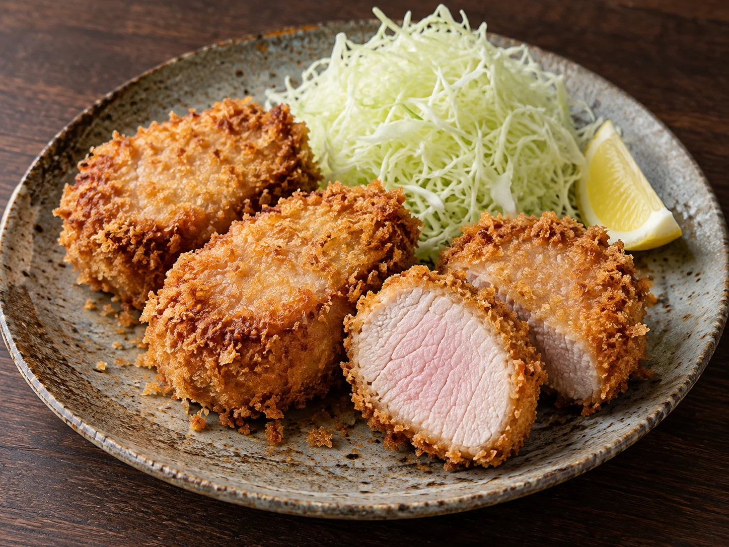 Golden pork tenderloin katsu medallions with a crisp panko crust, one cut open to show the juicy whole-muscle pork center