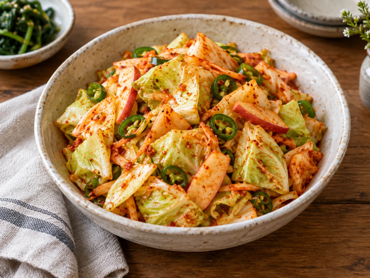 Fresh Korean green cabbage kimchi with crisp cabbage chunks, apple pieces, and mild green chile rings in a red-orange seasoning