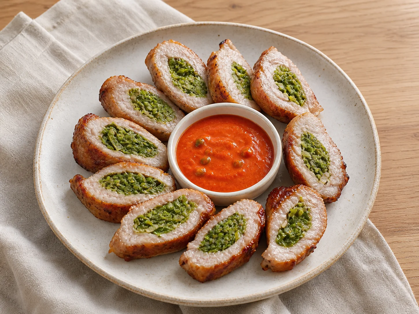 Sliced air-fried pork jowl steak with bright green minari centers and crisp golden edges arranged around gochujang mayo