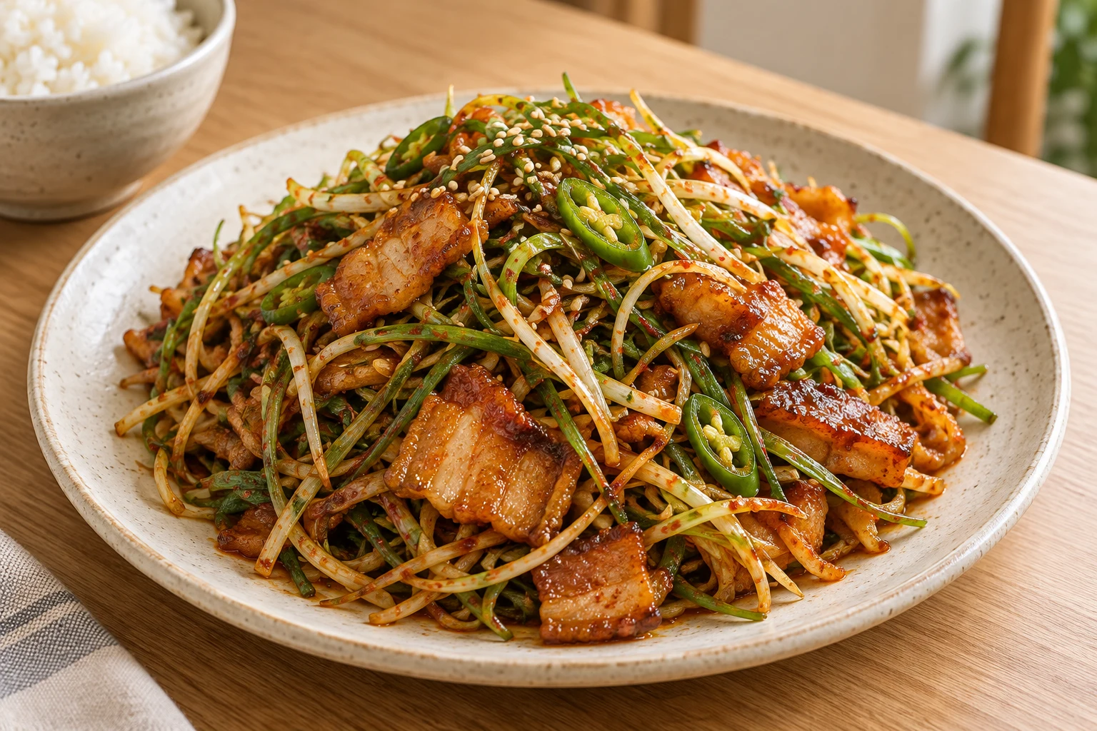 Caramelized Korean pork belly tossed with abundant spicy shredded green onion, green chile rings, and toasted sesame seeds